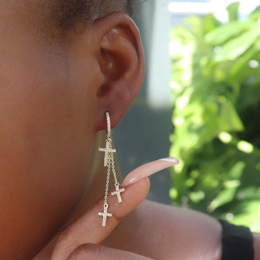 Triple Cross Drop Earrings in Yellow Gold