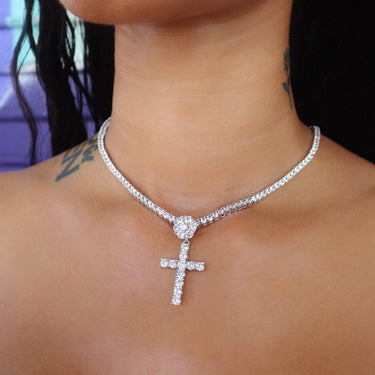 Flower Bail Cross Pendant in White Gold