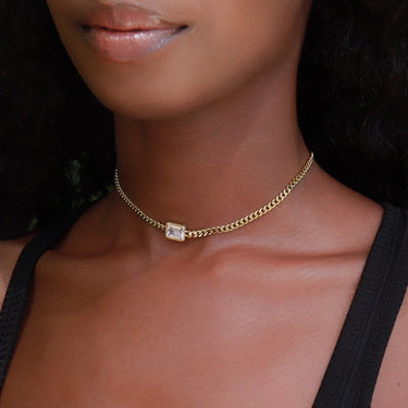 Micro Cuban Necklace w/ White Stone in Yellow Gold