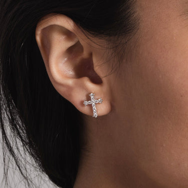 Micro Cross Stud Earrings in White Gold