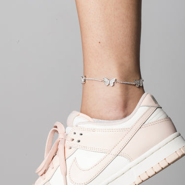 Micro Butterfly Tennis Anklet in White Gold