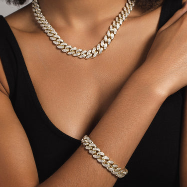 12mm Diamond Cuban Link Choker + Bracelet Bundle in Yellow Gold