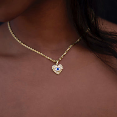 Small Coin Evil Eye Heart Pave Pendant in Gold