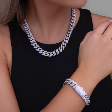 12mm Diamond Cuban Link Choker + Bracelet Bundle in White Gold
