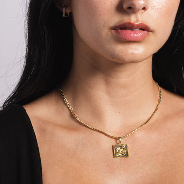 Embedded Rose Square Coin Pendant in Yellow Gold