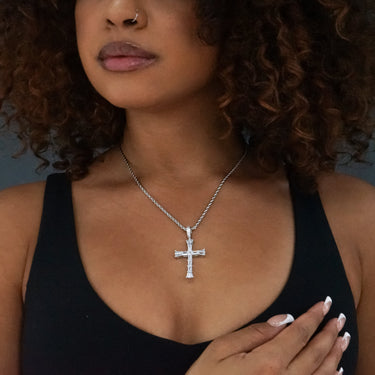 Prong Set Baguette Cross in White Gold