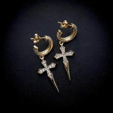 Dripping Cross Hoop Earrings in Yellow Gold