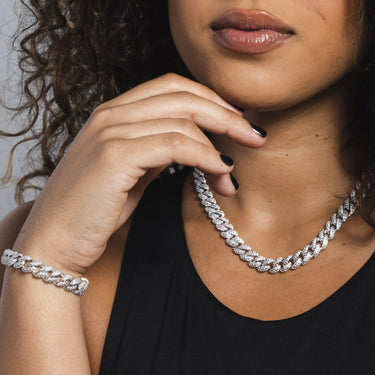 White Gold 8.5mm Iced Cuban Chain + Bracelet Bundle