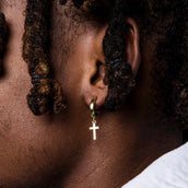 Polished Cross Round Huggie Earrings in Yellow Gold