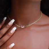 Micro Cuban Necklace w/ Pink Stone in Yellow Gold